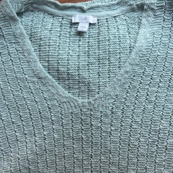 J Jill Open Knit V-Neck Sweater 3/4 Sleeve Pastel Green Minimal Quiet Luxury L - Picture 1 of 6